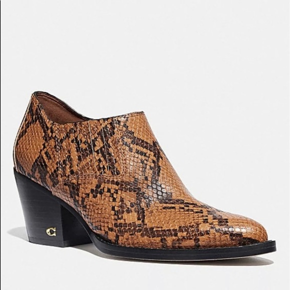 COACH Perri Caramel Snake Print Western Fashion Ankle Booties Short Pointed Toe - Picture 1 of 2